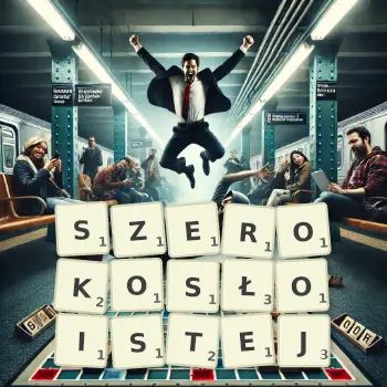 Kreatywna ilustracja do gry w Scrabble ze słowem SZEROKOSŁOISTEJ ułożonym z płytek na planszy.