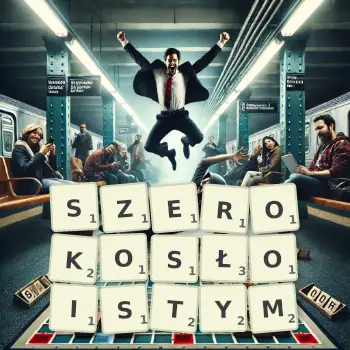 Kreatywna ilustracja do gry w Scrabble ze słowem SZEROKOSŁOISTYM ułożonym z płytek na planszy.