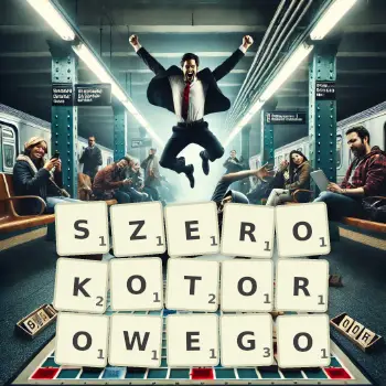 Kreatywna ilustracja do gry w Scrabble ze słowem SZEROKOTOROWEGO ułożonym z płytek na planszy.