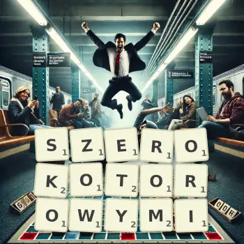 Kreatywna ilustracja do gry w Scrabble ze słowem SZEROKOTOROWYMI ułożonym z płytek na planszy.