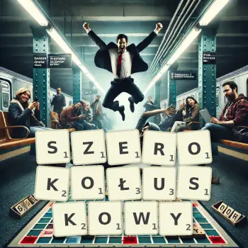 Kreatywna ilustracja do gry w Scrabble ze słowem SZEROKOŁUSKOWY ułożonym z płytek na planszy.