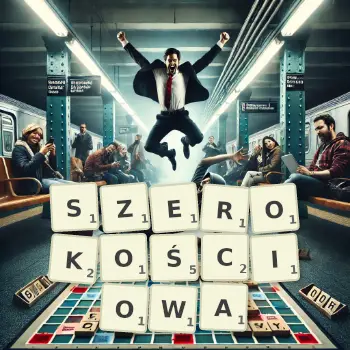 Kreatywna ilustracja do gry w Scrabble ze słowem SZEROKOŚCIOWA ułożonym z płytek na planszy.