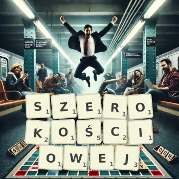 Kreatywna ilustracja do gry w Scrabble ze słowem SZEROKOŚCIOWEJ ułożonym z płytek na planszy.