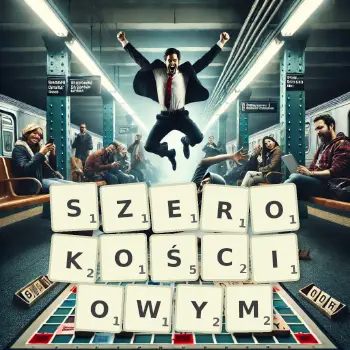 Kreatywna ilustracja do gry w Scrabble ze słowem SZEROKOŚCIOWYM ułożonym z płytek na planszy.