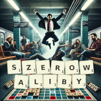 Kreatywna ilustracja do gry w Scrabble ze słowem SZEROWALIBY ułożonym z płytek na planszy.