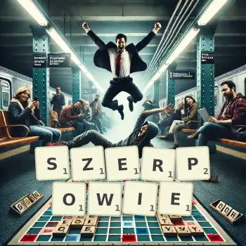 Kreatywna ilustracja do gry w Scrabble ze słowem SZERPOWIE ułożonym z płytek na planszy.