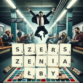 Kreatywna ilustracja do gry w Scrabble ze słowem SZERSZENIAŁBY ułożonym z płytek na planszy.