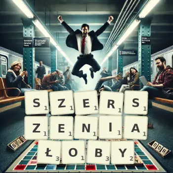 Kreatywna ilustracja do gry w Scrabble ze słowem SZERSZENIAŁOBY ułożonym z płytek na planszy.