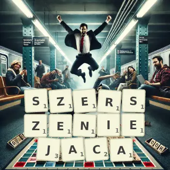 Kreatywna ilustracja do gry w Scrabble ze słowem SZERSZENIEJACA ułożonym z płytek na planszy.