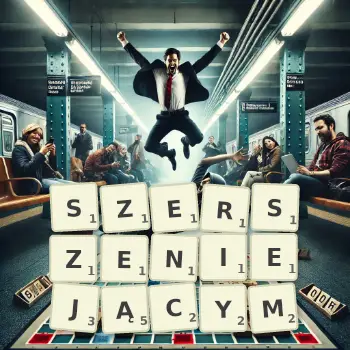 Kreatywna ilustracja do gry w Scrabble ze słowem SZERSZENIEJĄCYM ułożonym z płytek na planszy.