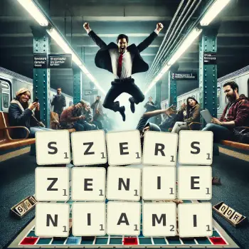 Kreatywna ilustracja do gry w Scrabble ze słowem SZERSZENIENIAMI ułożonym z płytek na planszy.