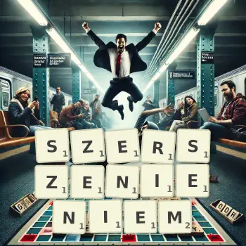 Kreatywna ilustracja do gry w Scrabble ze słowem SZERSZENIENIEM ułożonym z płytek na planszy.
