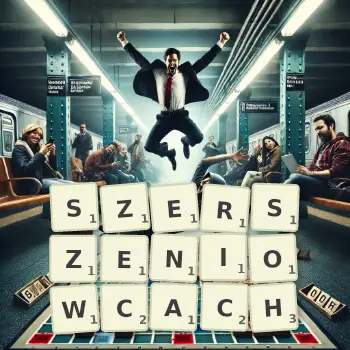 Kreatywna ilustracja do gry w Scrabble ze słowem SZERSZENIOWCACH ułożonym z płytek na planszy.