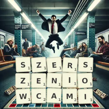 Kreatywna ilustracja do gry w Scrabble ze słowem SZERSZENIOWCAMI ułożonym z płytek na planszy.