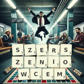 Kreatywna ilustracja do gry w Scrabble ze słowem SZERSZENIOWCEM ułożonym z płytek na planszy.