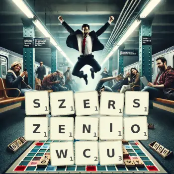 Kreatywna ilustracja do gry w Scrabble ze słowem SZERSZENIOWCU ułożonym z płytek na planszy.