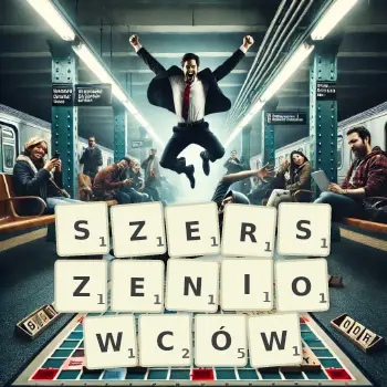 Kreatywna ilustracja do gry w Scrabble ze słowem SZERSZENIOWCÓW ułożonym z płytek na planszy.