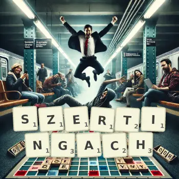 Kreatywna ilustracja do gry w Scrabble ze słowem SZERTINGACH ułożonym z płytek na planszy.