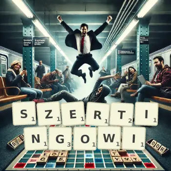 Kreatywna ilustracja do gry w Scrabble ze słowem SZERTINGOWI ułożonym z płytek na planszy.