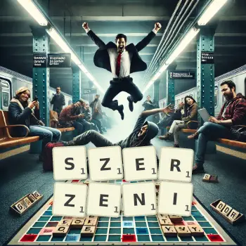 Kreatywna ilustracja do gry w Scrabble ze słowem SZERZENI ułożonym z płytek na planszy.
