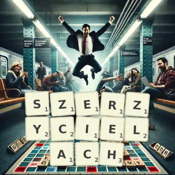 Kreatywna ilustracja do gry w Scrabble ze słowem SZERZYCIELACH ułożonym z płytek na planszy.