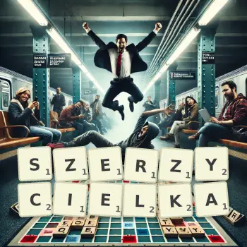 Kreatywna ilustracja do gry w Scrabble ze słowem SZERZYCIELKA ułożonym z płytek na planszy.
