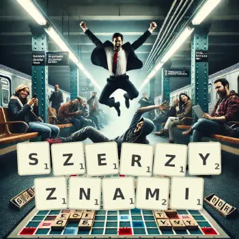 Kreatywna ilustracja do gry w Scrabble ze słowem SZERZYZNAMI ułożonym z płytek na planszy.