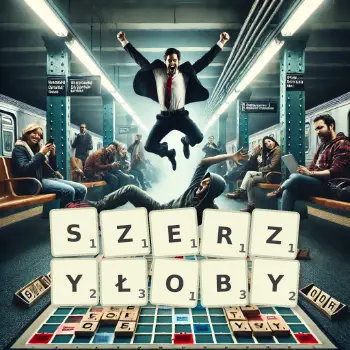 Kreatywna ilustracja do gry w Scrabble ze słowem SZERZYŁOBY ułożonym z płytek na planszy.