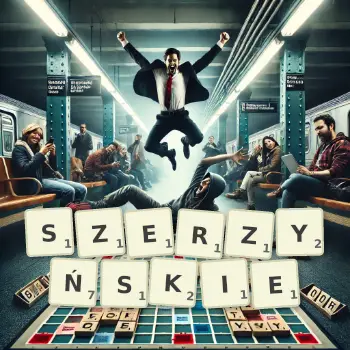 Kreatywna ilustracja do gry w Scrabble ze słowem SZERZYŃSKIE ułożonym z płytek na planszy.