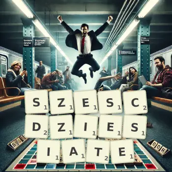 Kreatywna ilustracja do gry w Scrabble ze słowem SZESCDZIESIATE ułożonym z płytek na planszy.