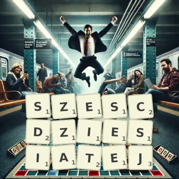 Kreatywna ilustracja do gry w Scrabble ze słowem SZESCDZIESIATEJ ułożonym z płytek na planszy.