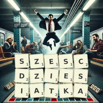 Kreatywna ilustracja do gry w Scrabble ze słowem SZESCDZIESIATKA ułożonym z płytek na planszy.