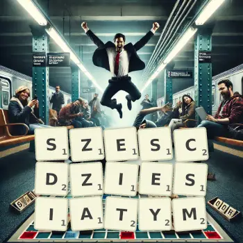 Kreatywna ilustracja do gry w Scrabble ze słowem SZESCDZIESIATYM ułożonym z płytek na planszy.