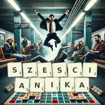 Kreatywna ilustracja do gry w Scrabble ze słowem SZESCIANIKA ułożonym z płytek na planszy.