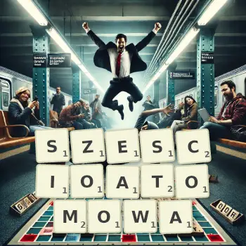 Kreatywna ilustracja do gry w Scrabble ze słowem SZESCIOATOMOWA ułożonym z płytek na planszy.