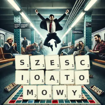 Kreatywna ilustracja do gry w Scrabble ze słowem SZESCIOATOMOWY ułożonym z płytek na planszy.