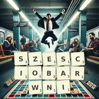 Kreatywna ilustracja do gry w Scrabble ze słowem SZESCIOBARWNI ułożonym z płytek na planszy.