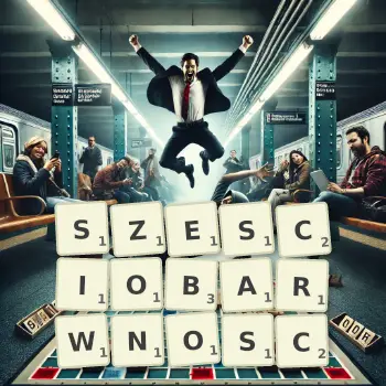 Kreatywna ilustracja do gry w Scrabble ze słowem SZESCIOBARWNOSC ułożonym z płytek na planszy.