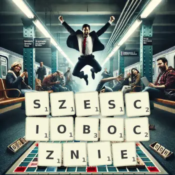 Kreatywna ilustracja do gry w Scrabble ze słowem SZESCIOBOCZNIE ułożonym z płytek na planszy.