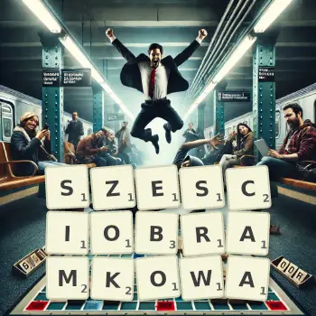 Kreatywna ilustracja do gry w Scrabble ze słowem SZESCIOBRAMKOWA ułożonym z płytek na planszy.