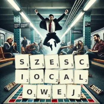 Kreatywna ilustracja do gry w Scrabble ze słowem SZESCIOCALOWEJ ułożonym z płytek na planszy.