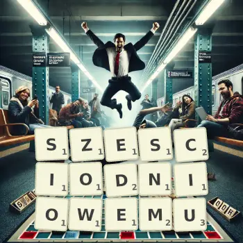 Kreatywna ilustracja do gry w Scrabble ze słowem SZESCIODNIOWEMU ułożonym z płytek na planszy.