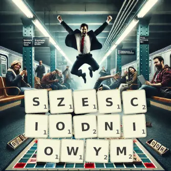 Kreatywna ilustracja do gry w Scrabble ze słowem SZESCIODNIOWYM ułożonym z płytek na planszy.