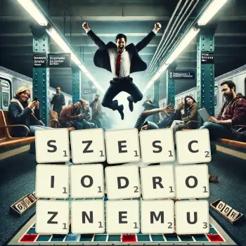 Kreatywna ilustracja do gry w Scrabble ze słowem SZESCIODROZNEMU ułożonym z płytek na planszy.