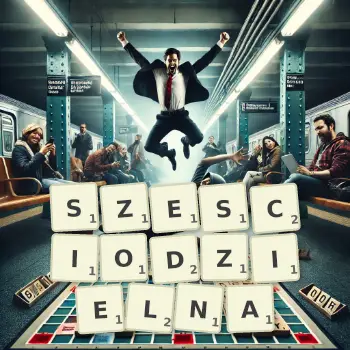 Kreatywna ilustracja do gry w Scrabble ze słowem SZESCIODZIELNA ułożonym z płytek na planszy.