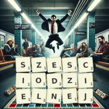 Kreatywna ilustracja do gry w Scrabble ze słowem SZESCIODZIELNEJ ułożonym z płytek na planszy.