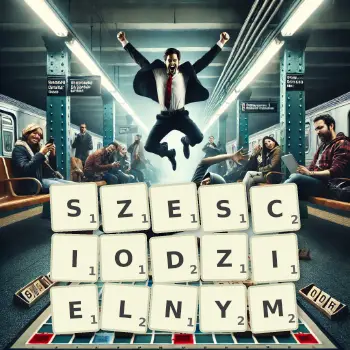 Kreatywna ilustracja do gry w Scrabble ze słowem SZESCIODZIELNYM ułożonym z płytek na planszy.