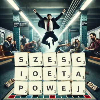 Kreatywna ilustracja do gry w Scrabble ze słowem SZESCIOETAPOWEJ ułożonym z płytek na planszy.