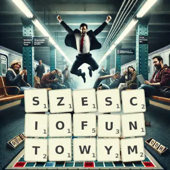 Kreatywna ilustracja do gry w Scrabble ze słowem SZESCIOFUNTOWYM ułożonym z płytek na planszy.