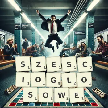 Kreatywna ilustracja do gry w Scrabble ze słowem SZESCIOGLOSOWE ułożonym z płytek na planszy.
